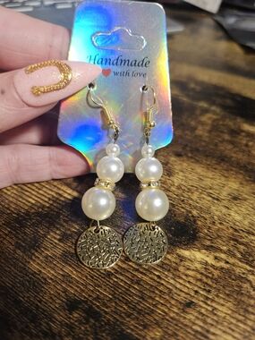 Handmade Gold & Pearl Drop Earrings - Elegant White Pearl Dangles